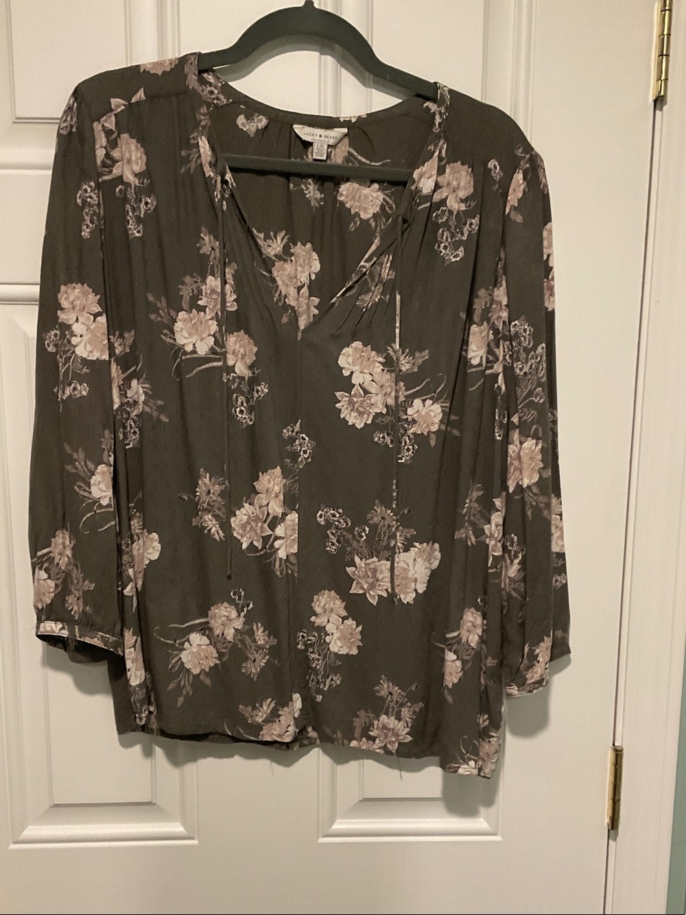 Lucky Brand Olive Green Floral V-Neck Peasant Blouse